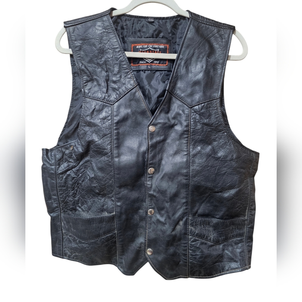 Interstate Leather American Flag‎ Biker Vest Black Motorcycle Snap Front Size L